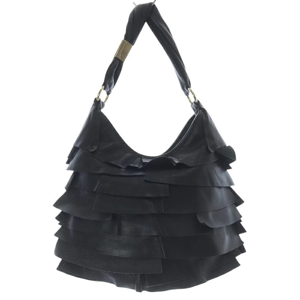 Saint Laurent Yves Hobo Leather Frill Bag Handbag Black